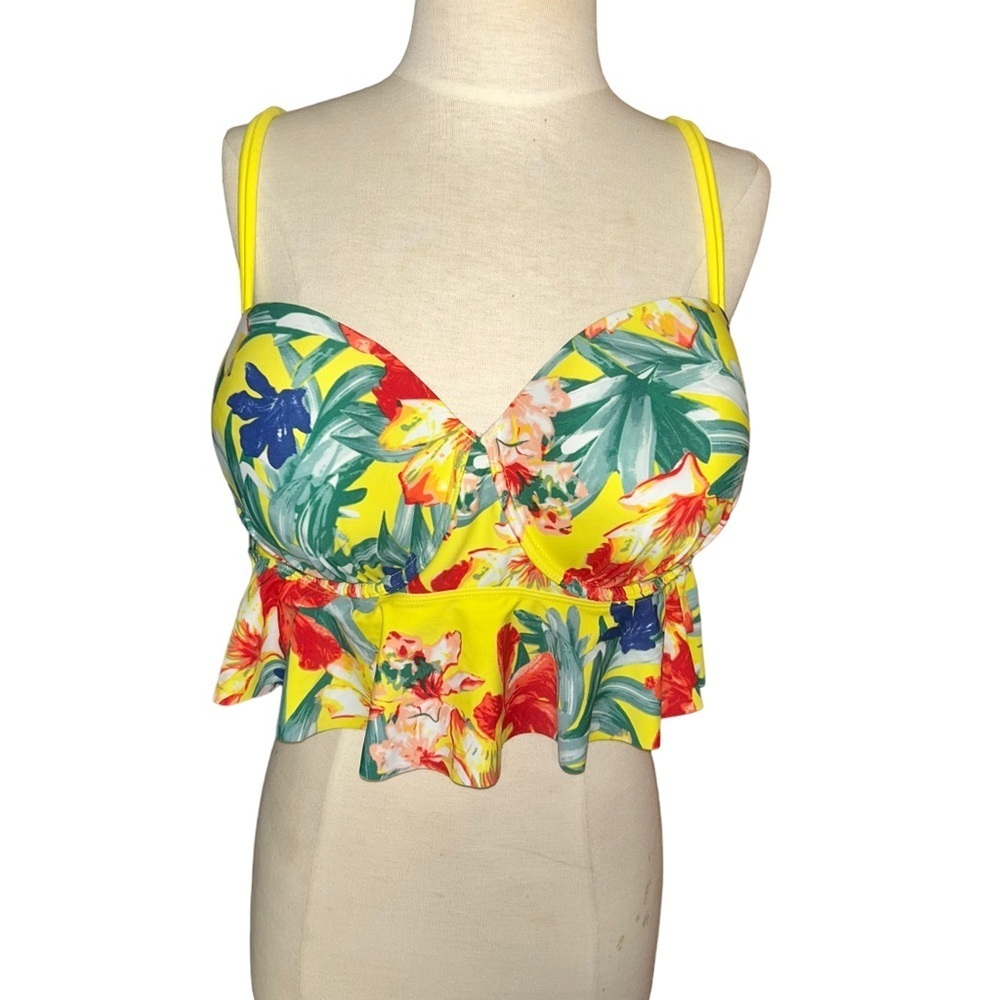 Cacique swim yellow floral tropical ruffle bikini tankini swim top 40DDD